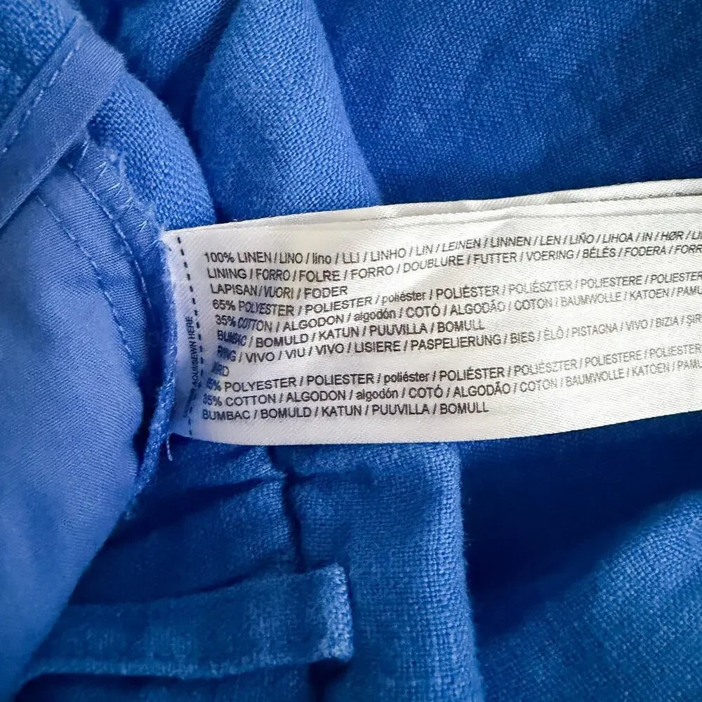 Mango 100% Linen Blue Elastic Back Slim Crop Pants Women US 4 EU 36